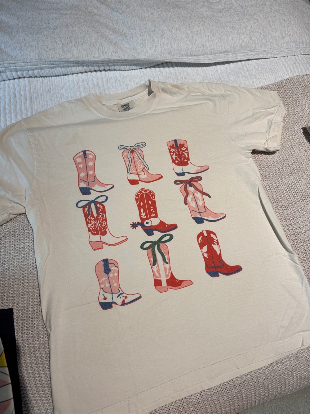 Comfort Colors Cream Tee with Red and Pink Cowboy Boot Print